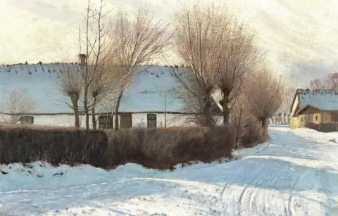 Snowcovered Road In Baldersbronde With Strong Shadows From A Whitewashed Thatched House
