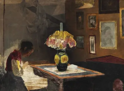 The Artist S Wife Sigrid Sewing In The Lamplight. Karreb Ksminde. Unfinished 1898