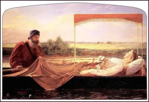 Elaine - The Dead Steer D By The Dumb subiu com a enchente de Malory S Morte D Arthur Ca. 1880