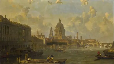 Vista dal ponte di Waterloo che abbraccia la Somerset House e il tempio di St. Paul, 1862 circa