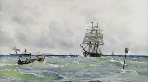 Kustmotiv Med Segelfartyg Och Angfartyg