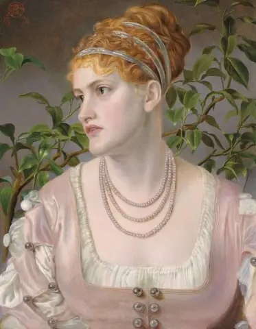 Porträtt av Mary Emma Jones bystlång bärande ett pärlhalsband 1874