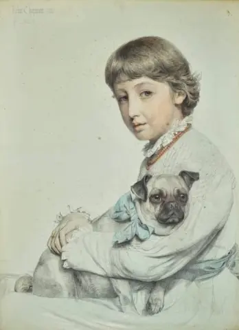 Porträtt av Reine Chapman och hennes mopshund 1881