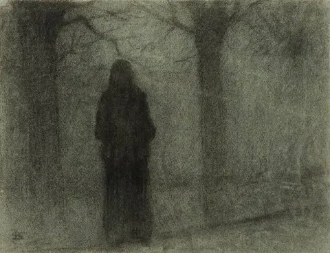 Figuur tussen de bomen