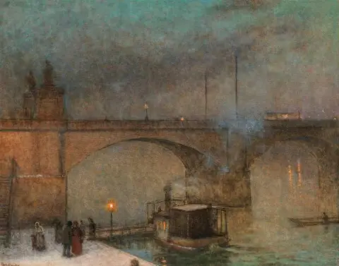 Praag Een stoomboot op de rivier de Moldau voor de Palacky-brug, ca. 1910-20