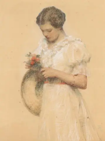 A Girl With A Bouquet Of Flowers 1913