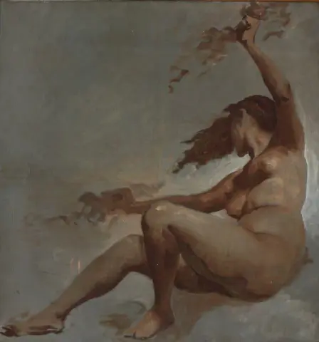 Study For A Ceiling Dekor. Floating Female Nude Seen From The Left Lightning