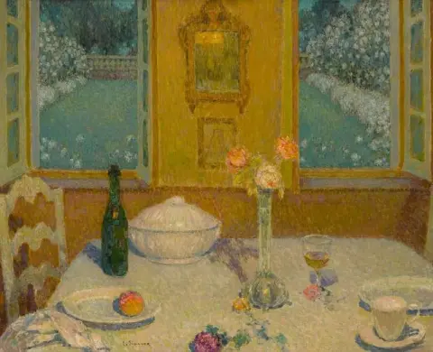 La mesa en el jardín de flores al atardecer Gerberoy 1930