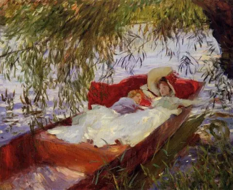 Uma senhora e uma criança dormindo em um barco sob os salgueiros, 1887
