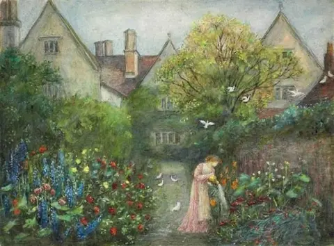 Una signora nel giardino di Kelmscott Manor Gloucestershire 1883