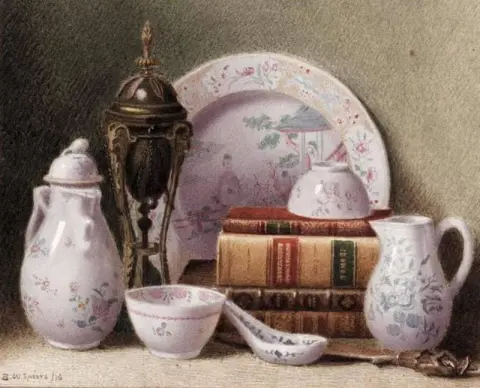 Naturaleza muerta de China y libros 1876