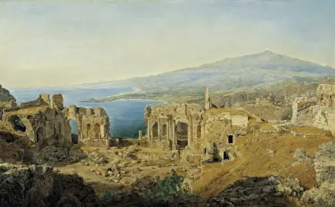 Ruinerna av den grekiska teatern i Taormina på Sicilien 1844