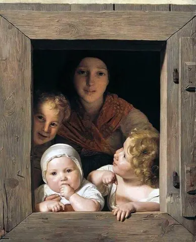 Ung bondkvinna med tre barn vid fönstret 1840