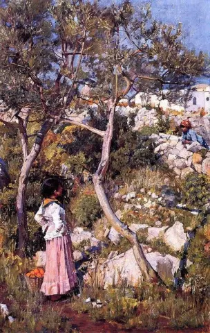 Niñas italianas junto a un pueblo, hacia 1889
