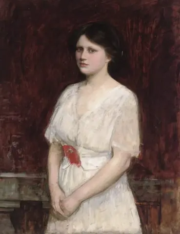 Retrato de la señorita Claire Kenworthy de medio cuerpo con un vestido blanco