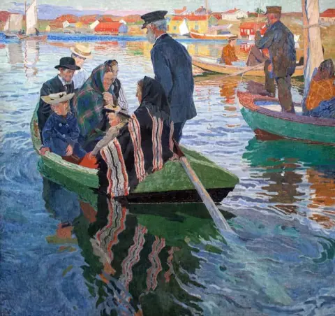 Asistentes a la iglesia en un barco