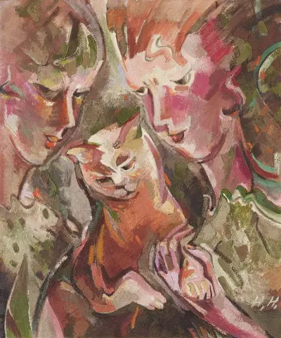 Zwei Mädchen mit einer Katze - (1930)