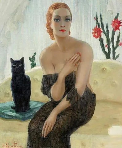 Portrait d'une élégante dame avec un chat noir