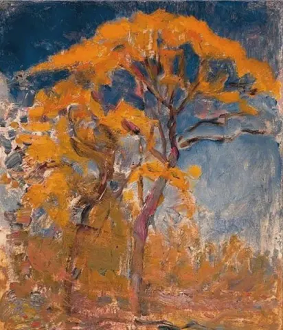 Two trees with orange foliage against blue sky, 1908