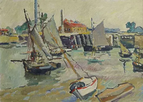 Seilbåter ved havnen ved tidevann Basse Ouistreham ca. 1927