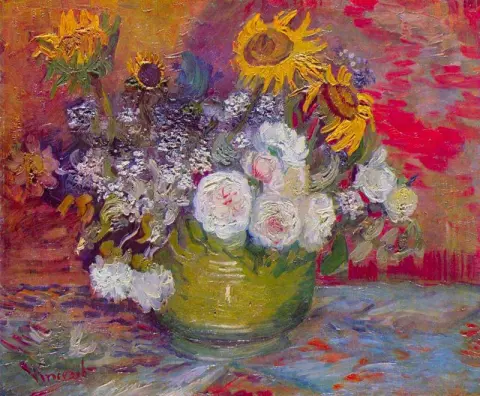 still life with roses and sunflowers